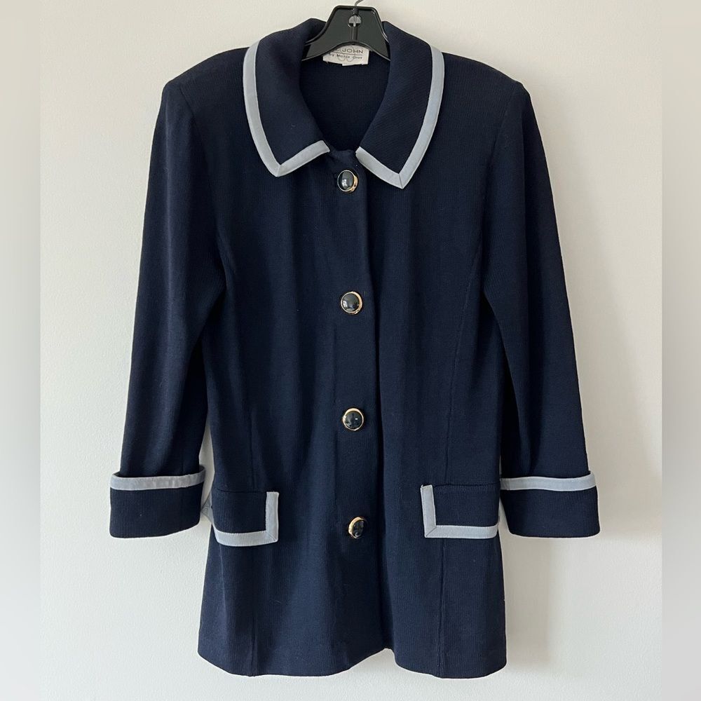 Vintage St John Marie Gray Navy Blue Sailor Style Blazer Jacket